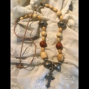 Cross Necklace W/Wooden Beads & Leather Cord✝️